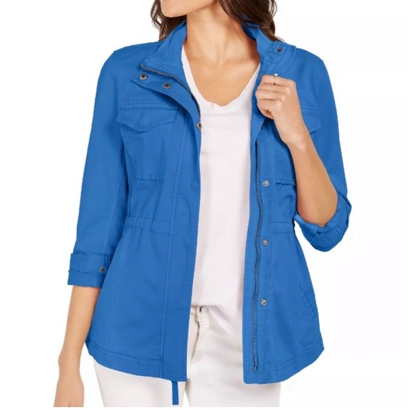 Style & Co. Jackets & Blazers - Style & Co Blue Utility Jacket Drawstring Waist Zip Snap Front Size L